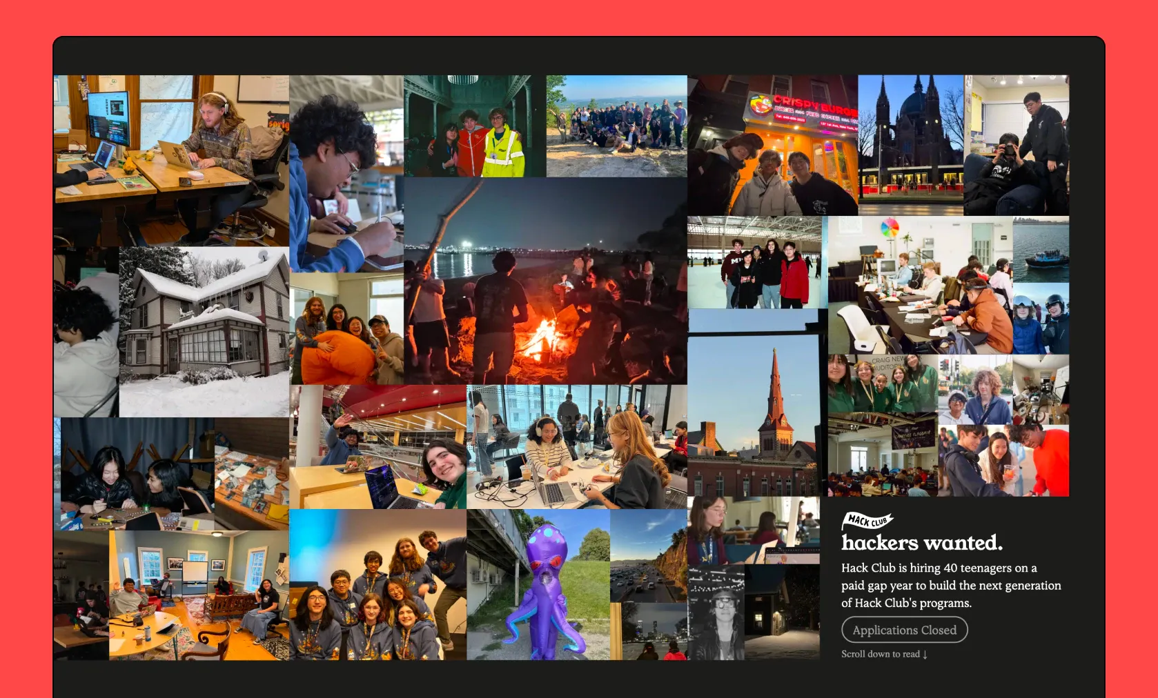 The Manifesto landing page: a collage of gap year photos beside “hackers wanted.”