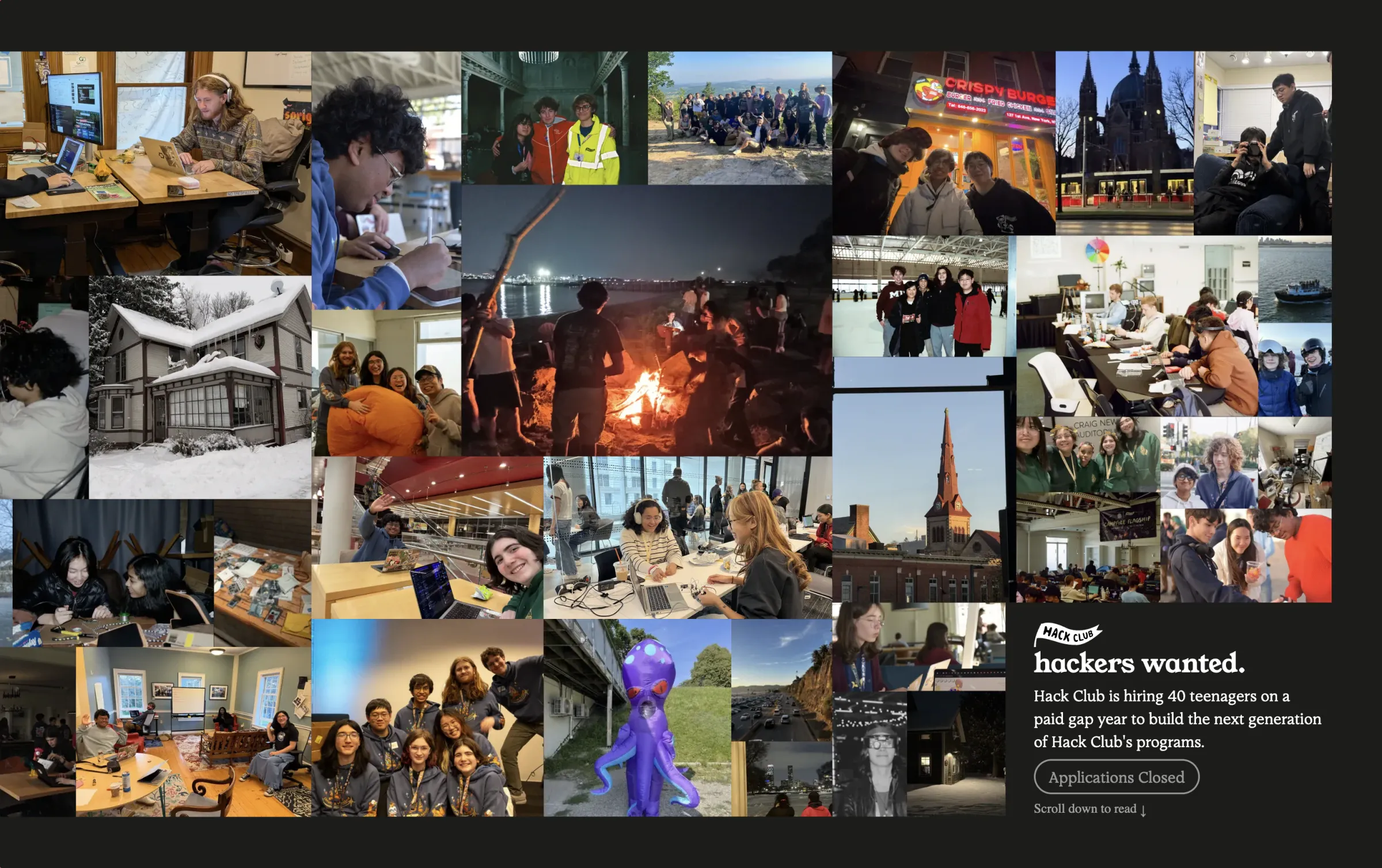 The Manifesto landing page with the photo collage and “hackers wanted.”
